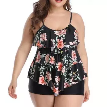 Женские многослойные купальники с рюшами больших размеров и купальный костюм из двух частей с воланами для мальчиков с цветочным принтом XXL чёрный