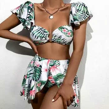 Женские модели маленькой юбки, три комплекта купальника бикини с рюшами и сексуальным принтом M зелёный