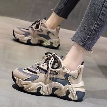 Женские модели Pop Shoes Весна и осень Толстая подошва Повседневная черная беговая спортивная женская обувь Tide 35 абрикосовый