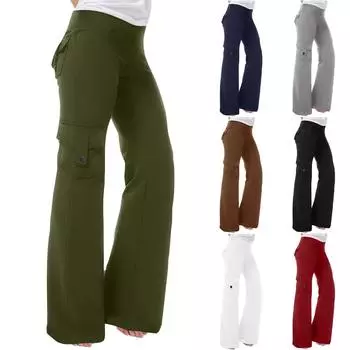 Женские модные эластичные брюки с перекрестной талией и несколькими карманами, прямые твидовые брюки для йоги, повседневные брюки S