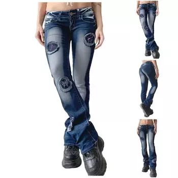 Женские модные эластичные джинсы с низкой талией и микроклешом, вышитые на джинсах-бабочках S синий