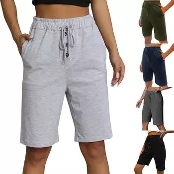 Женские модные эластичные пуговицы на талии с карманами, однотонные повседневные спортивные шорты, брюки L синий