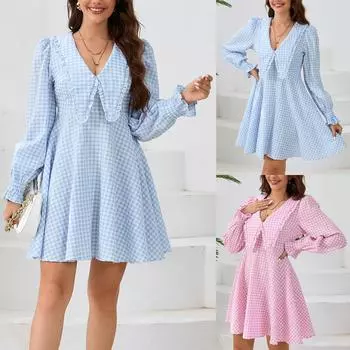 Женские модные элегантные платья с V-образным вырезом и длинным рукавом, с отворотом и косым подолом L синий