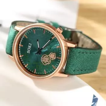 Женские модные аналоговые кварцевые круглые наручные часы с кожаным ремешком