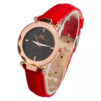 Женские модные аналоговые кварцевые круглые наручные часы с кожаным ремешком красный