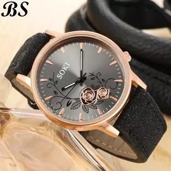 Женские модные аналоговые кварцевые круглые наручные часы с кожаным ремешком