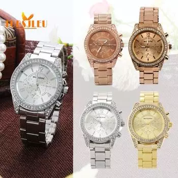 Женские модные аналоговые кварцевые наручные часы из нержавеющей стали с блестящими стразами розового золота