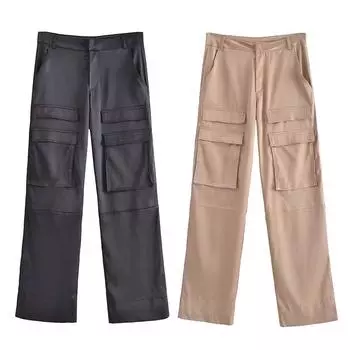 Женские модные атласные брюки-карго с карманами, винтажные женские брюки на молнии с высокой талией Mujer L чёрный