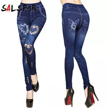 Женские модные бесшовные хлопковые леггинсы с имитацией джинсовой ткани Lily, полые леггинсы для йоги, фитнес-брюки