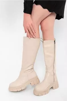 Женские модные бежевые повседневные ботинки на молнии выше колена