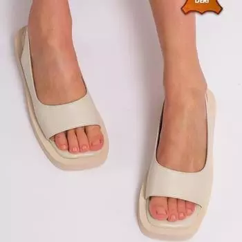 Женские модные бежевые сандалии на толстой подошве из натуральной кожи