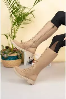 Женские модные бежевые замшевые ботинки на шнуровке