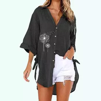 Женские модные блузки с цветочным принтом больших размеров, летняя и осенняя повседневная футболка с коротким рукавом, женская свободная длинная рубашка на пуговицах с V-образным воротником