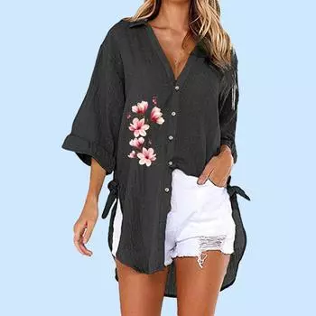 Женские модные блузки с цветочным принтом больших размеров, летняя и осенняя повседневная футболка с коротким рукавом, женская свободная длинная рубашка на пуговицах с V-образным воротником S белый