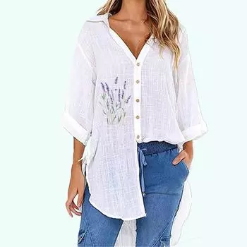 Женские модные блузки с цветочным принтом больших размеров, летняя и осенняя повседневная футболка с коротким рукавом, женская свободная длинная рубашка на пуговицах с V-образным воротником