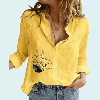 Женские модные блузки с цветочным принтом, женские повседневные льняные топы с отворотами и длинными рукавами, летняя и осенняя свободная рубашка на пуговицах S белый
