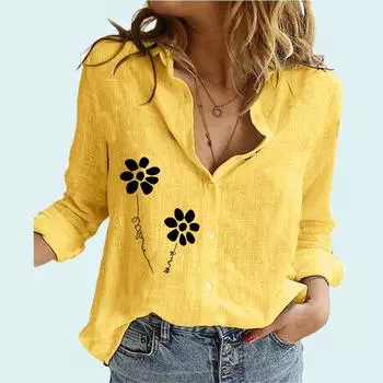 Женские модные блузки с цветочным принтом, женские повседневные льняные топы с отворотами и длинными рукавами, летняя и осенняя свободная рубашка на пуговицах S белый
