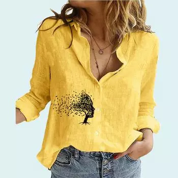 Женские модные блузки с цветочным принтом, женские повседневные льняные топы с отворотами и длинными рукавами, летняя и осенняя свободная рубашка на пуговицах S белый