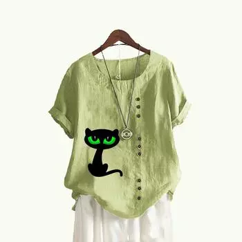 Женские модные блузки с короткими рукавами, летний повседневный пуловер, свободный топ с круглым воротником, хлопково-льняная футболка с принтом кота S белый
