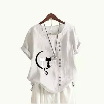 Женские модные блузки с короткими рукавами, летний повседневный пуловер, свободный топ с круглым воротником, хлопково-льняная футболка с принтом кота S белый