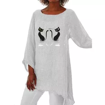 Женские модные блузки с круглым вырезом и принтом кошки, женские повседневные свободные рубашки на весну и лето, женские повседневные топы с длинными рукавами 3/4 S белый
