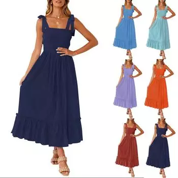 Женские модные богемные бретели с квадратным вырезом, однотонные пляжные длинные платья трапециевидной формы с рюшами L синий