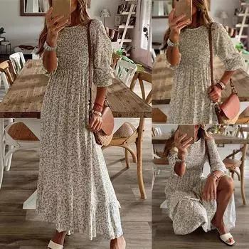 Женские модные богемные платья с расклешенными рукавами из семи точек, длинные платья с принтом и окрашенным цветочным принтом XXL бежевый