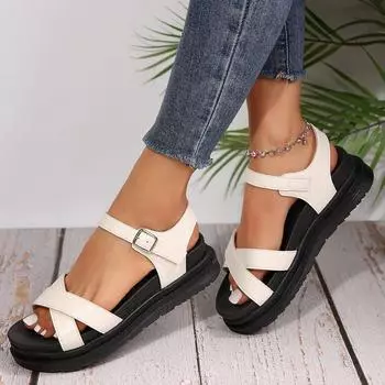 Женские модные босоножки 2024 года, новые женские туфли большого размера на плоской подошве, повседневные с открытым носком, однотонные сандалии с перекрестными ремешками 35 белый