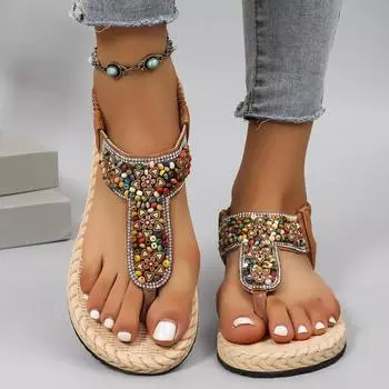 Женские модные босоножки на плоской подошве с застежкой-клипсой в этническом стиле больших размеров 36