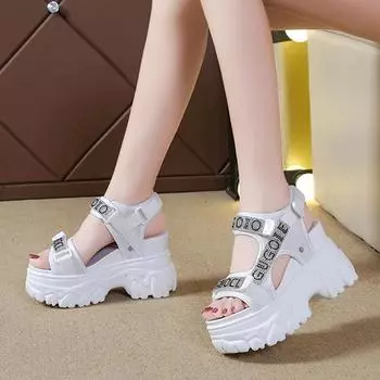 Женские модные босоножки на танкетке со стразами высотой 9 см, летние повседневные туфли на открытом воздухе, пляжные тапочки, сандалии 35-40 34 белый