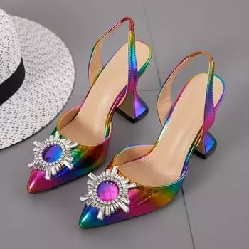 Женские модные босоножки на высоком каблуке с отделкой из страз, блестящие вечерние туфли, дизайнерские туфли на толстом каблуке 35