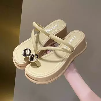 Женские модные босоножки с открытым носком, лето 2024 г., новые повседневные универсальные удобные тапочки с толстой подошвой, повышающие рост, с противоскользящим покрытием 35 чёрный