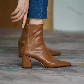 Женские модные ботильоны на толстом высоком каблуке с квадратным носком и молнией сзади, эластичные одинарные ботинки, женские элегантные однотонные кожаные ботинки 34 чёрный