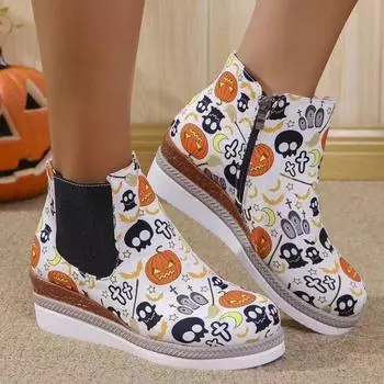 Женские модные ботильоны на высоком каблуке, кроссовки с круглым носком, туфли на плоской танкетке, повседневная обувь с высоким берцем, черная спортивная обувь 36 белый