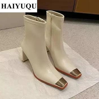 Женские модные ботильоны на высоком каблуке с квадратным носком, зимние новые вечерние ботинки челси, кожаные гладиаторские туфли в готическом стиле Botas Mujer 35