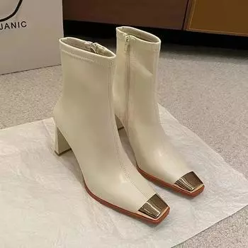 Женские модные ботильоны на высоком каблуке с квадратным носком, зимние новинки 2025 года, ботинки челси для вечеринок, кожаные гладиаторские туфли в готическом стиле Botas Mujer 34 бежевый
