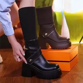 Женские модные ботильоны с круглым носком и толстой подошвой, универсальные, на толстом каблуке, удобные короткие ботинки на платформе, увеличивающие рост, 2024 39 чёрный