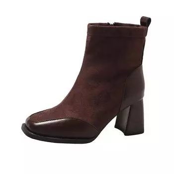 Женские модные ботильоны с квадратным носком на платформе и высоком каблуке. Ботильоны на молнии. Женская обувь. Осень-зима. Черные, теплые, простые. 35