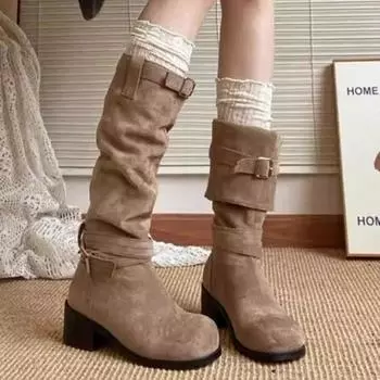 Женские модные ботинки 2024 года без застежек, однотонные, классические, зимние, со складками, на толстом каблуке, мотоциклетные ботинки Zapatos 35 хаки