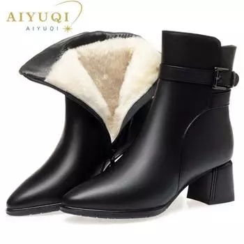Женские модные ботинки, ботильоны из натуральной кожи на среднем каблуке с круглой головкой, женские теплые модельные ботинки из толстой шерсти 35