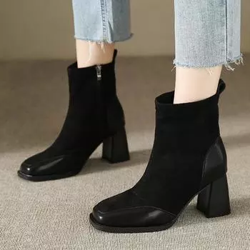 Женские модные ботинки, ботильоны на платформе и высоком каблуке с квадратным носком, женская обувь на молнии, осенне-зимняя черная теплая простая обувь 2024 36 чёрный