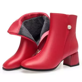 Женские модные ботинки, красные шерстяные теплые зимние ботильоны из натуральной кожи, женские свадебные модельные ботинки на среднем каблуке, женские банкетные сапоги 43