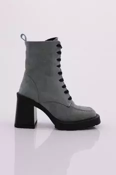 Женские модные ботинки на каблуке с круглым носком и кружевом спереди на толстой подошве