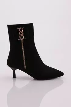 Женские модные ботинки на каблуке с острым носком, боковыми молниями и металлическими аксессуарами