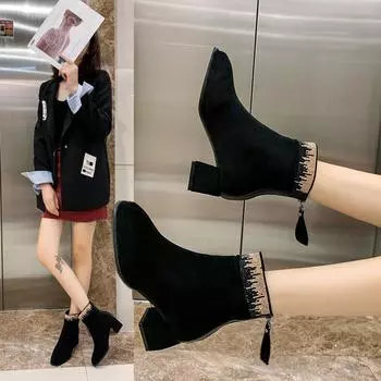 Женские модные ботинки на молнии сзади с инкрустированными бриллиантами на грубом каблуке, модные замшевые ботинки на среднем каблуке, женская обувь 35 чёрный