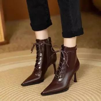 Женские модные ботинки, новые осенние ботильоны с заостренной шнуровкой и боковой молнией, темпераментные универсальные ботильоны на узком каблуке