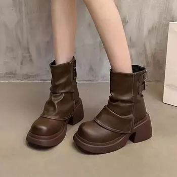 Женские модные ботинки с толстым каблуком, квадратным каблуком, нескользящей обувью для женщин, пряжкой, круглой головкой, средней длины, обувь для женщин 35 чёрный