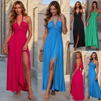 Женские модные бретельки сексуальные спинки талии висячие шеи разрез однотонные платья M чёрный