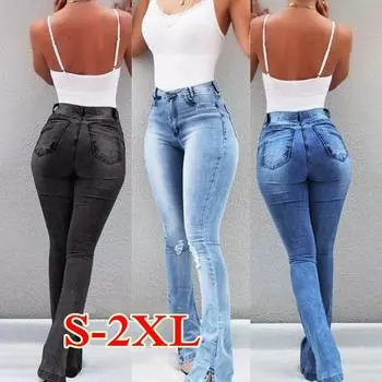 Женские модные брюки-клеш, повседневные, облегающие, эластичные, с высокой талией, расклешенные джинсы-карандаш, женские брюки большого размера S-2XL L небесно-голубой