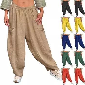 Женские модные брюки однотонные повседневные брюки с эластичной резинкой на талии и карманами L чёрный